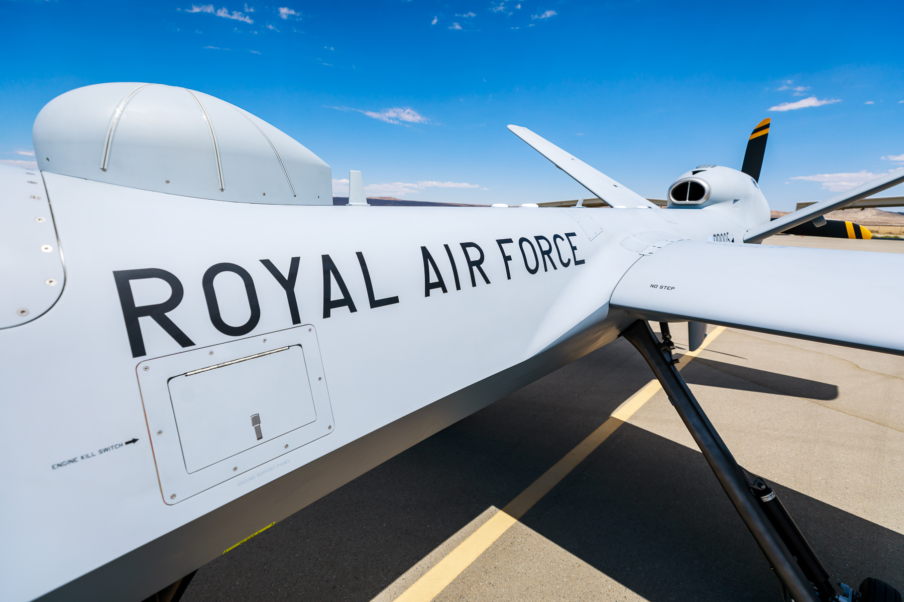 Image shows a close up of the Protector with Royal Air Force painted on the side.